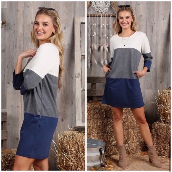 Color block 3/4 sleeve pocket French Terry dress - Picture 3 of 6